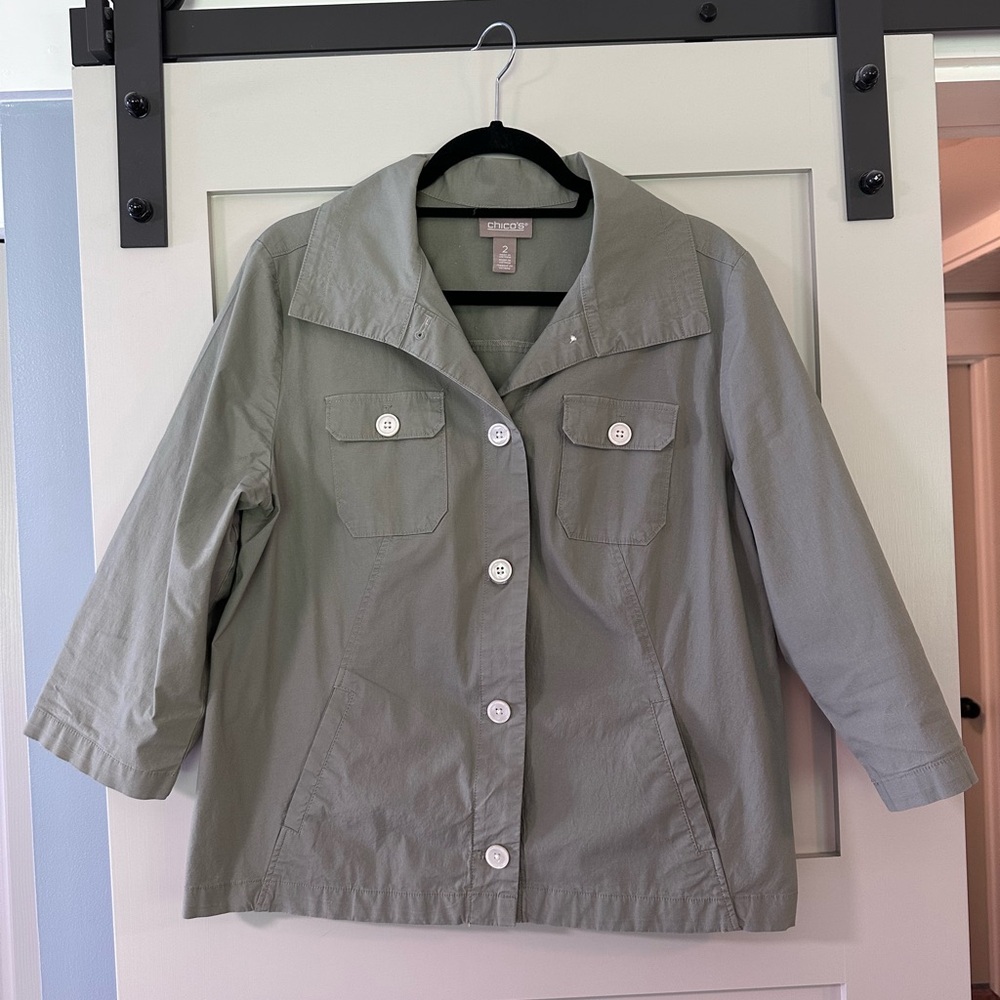 Chico's Green Utility Jacket with 3/4 Sleeves